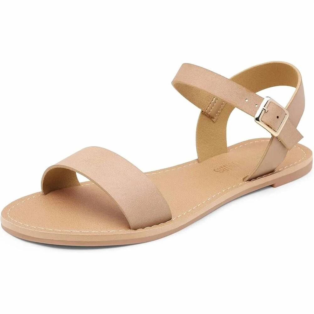 NEW DREAM PAIRS women's ankle strap open toe band flat sandals in tan